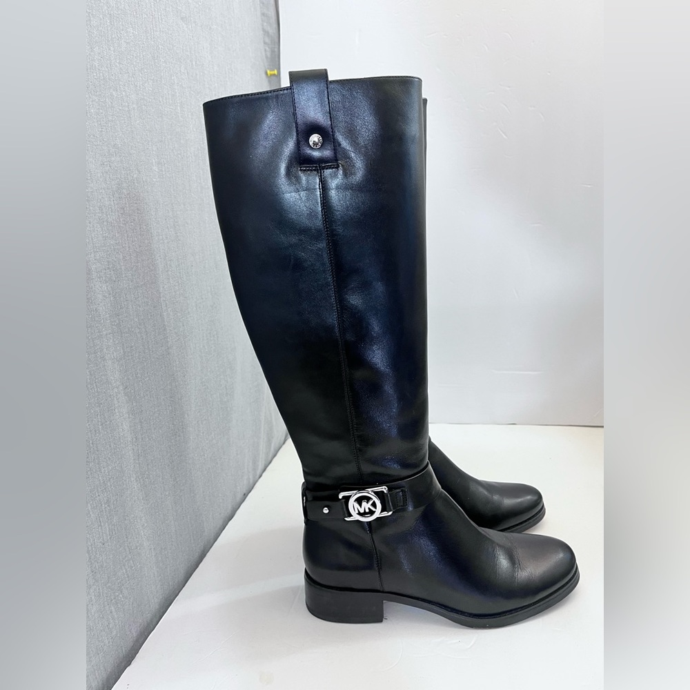 5.5 MICHAEL KORS CHARM RIDING TALL BLACK BOOTS MK LOGO WOMEN'S FLAT SHOES